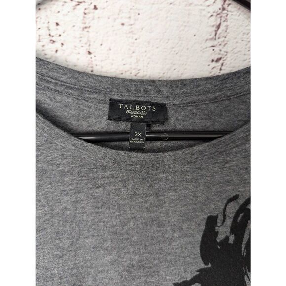 Talbots Woman 2X Top Shirt Grey Black Floral print Cotton Blend 3/4 Sleeve - Picture 2 of 8